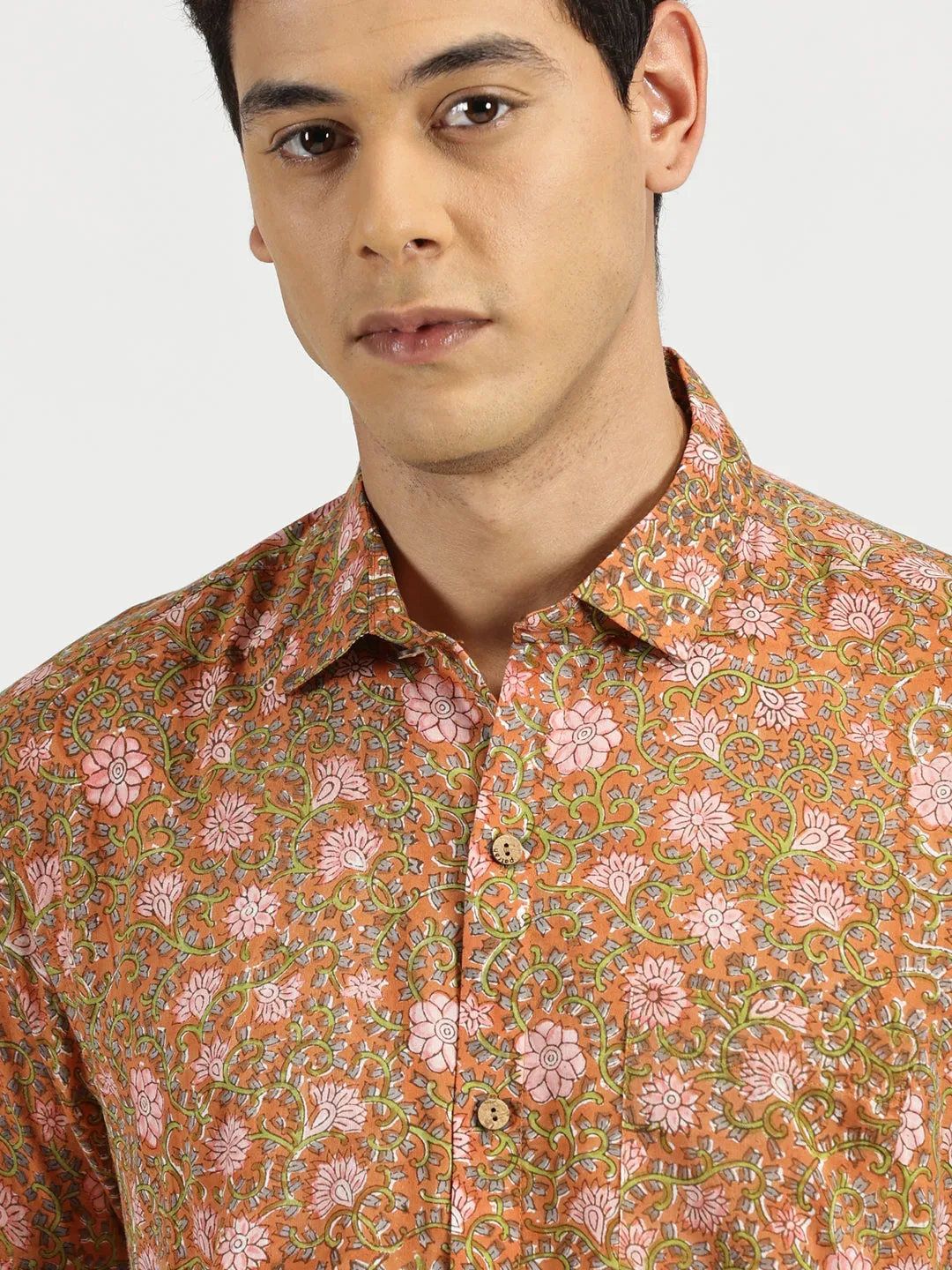 🪶 Rusty Blossom Block Printed Halfsleeves Mulmul Cotton Shirt