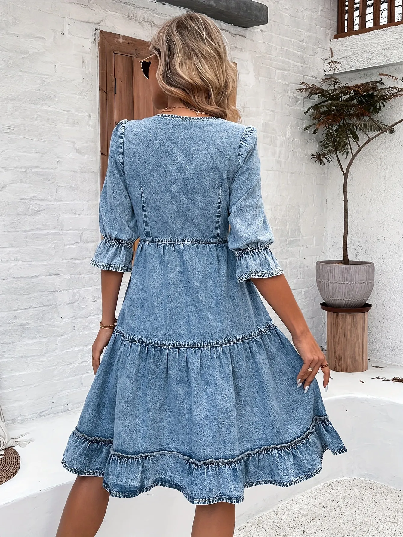 All-Season Chic & Elegant Denim Dress with V-Neck, Flounce Sleeves - Easy Care, Comfort & Timeless Style