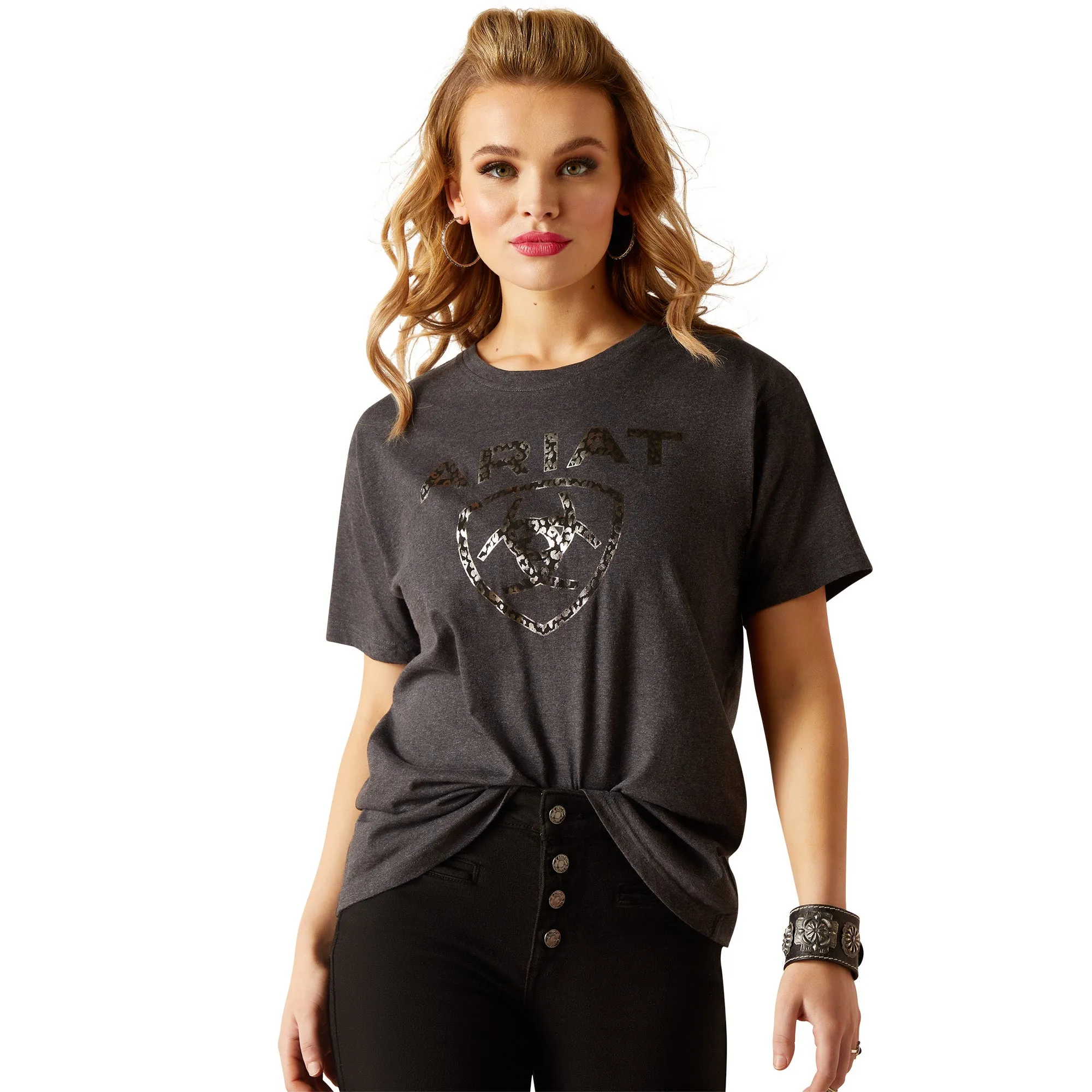 Ariat Ladies Leopard Print Shield Black Heather T-Shirt 10047403