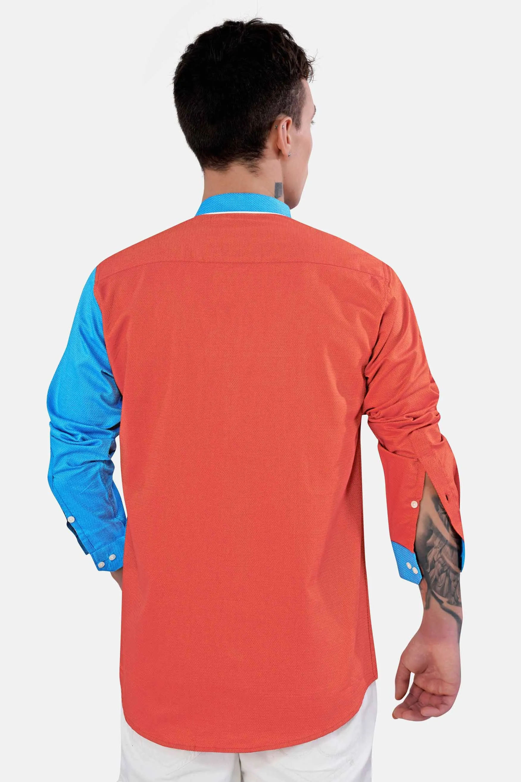 Azul Blue and Bittersweet Orange Dobby Textured Premium Giza Cotton Designer Shirt