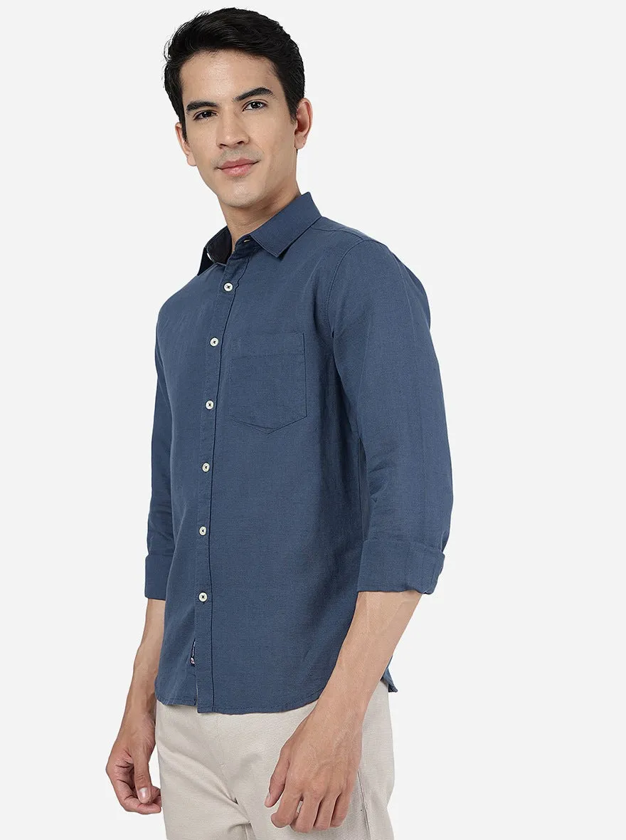 Blue Solid Slim Fit Casual Shirt | Greenfibre