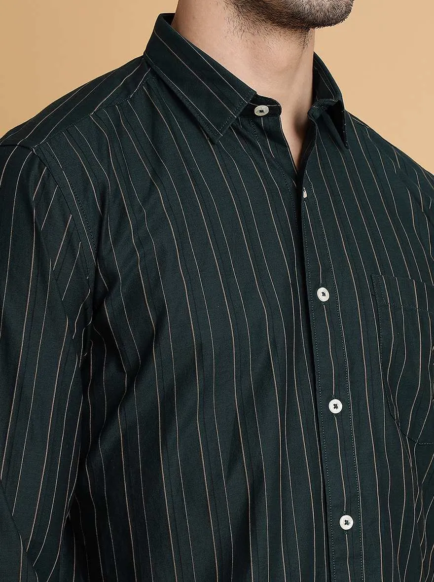 Bottle Green Striped Slim Fit Semi Casual Shirt | JadeBlue