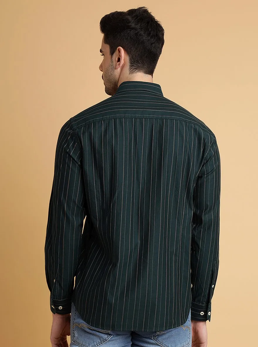 Bottle Green Striped Slim Fit Semi Casual Shirt | JadeBlue