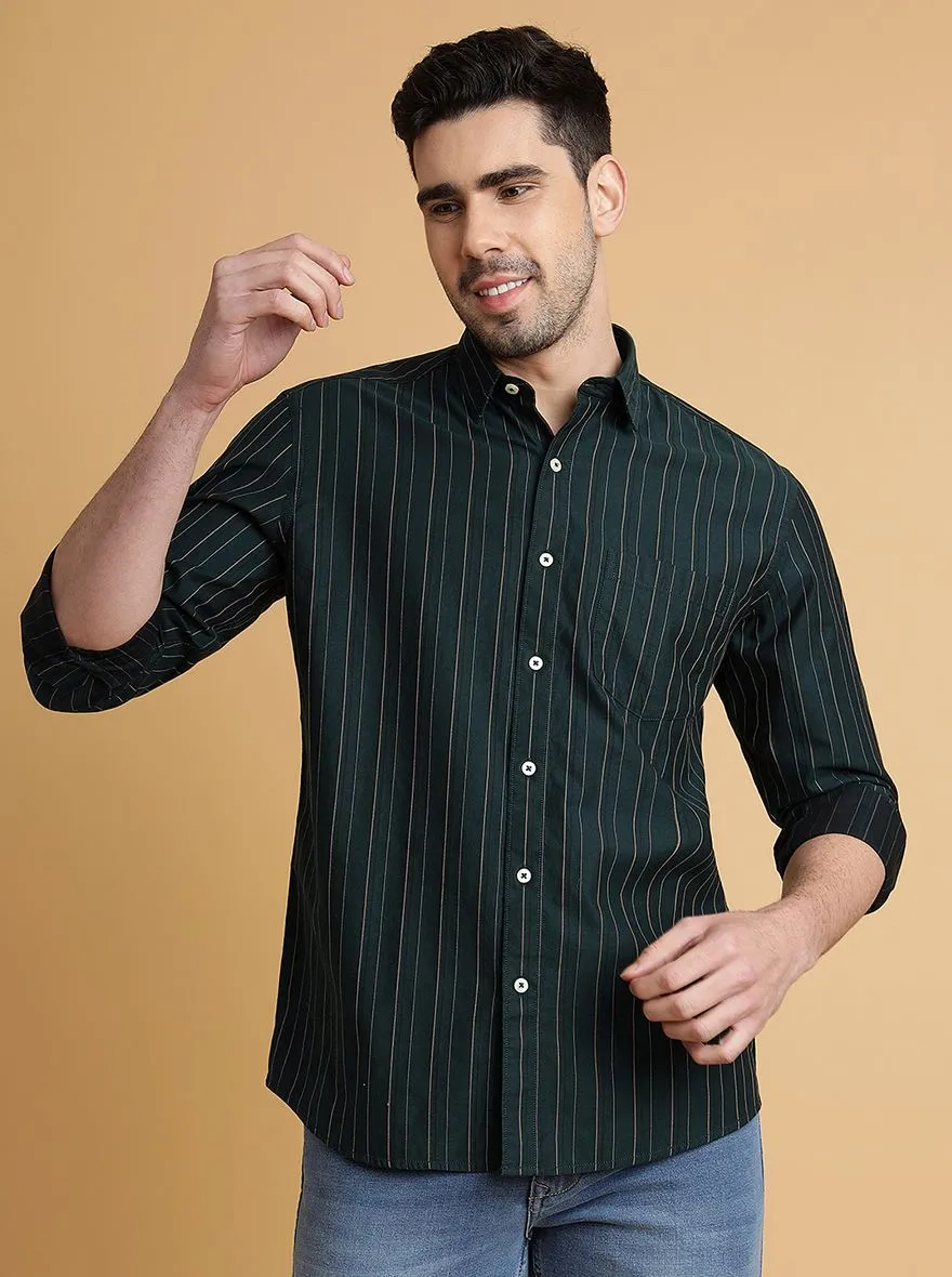 Bottle Green Striped Slim Fit Semi Casual Shirt | JadeBlue