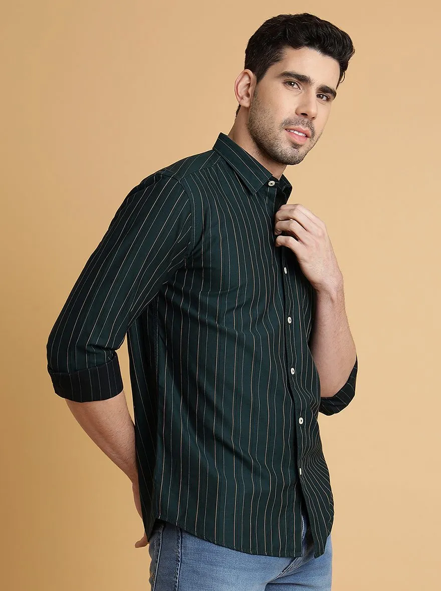 Bottle Green Striped Slim Fit Semi Casual Shirt | JadeBlue