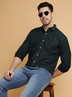 Bottle Green Striped Slim Fit Semi Casual Shirt | JadeBlue