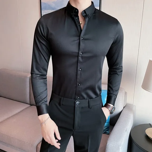 British Style Solid Long Sleeve Slim Shirt