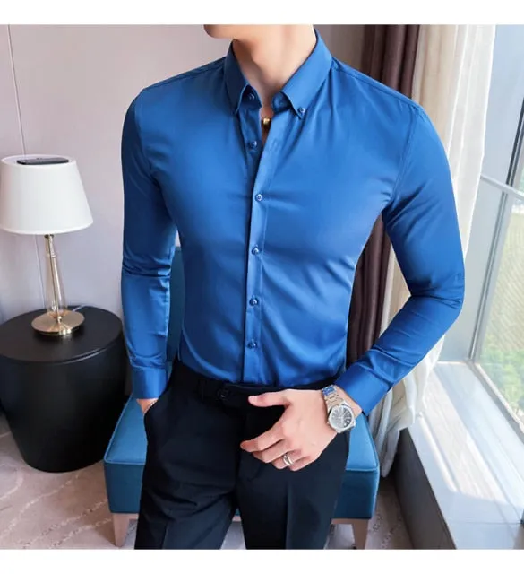 British Style Solid Long Sleeve Slim Shirt