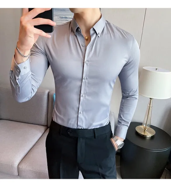 British Style Solid Long Sleeve Slim Shirt