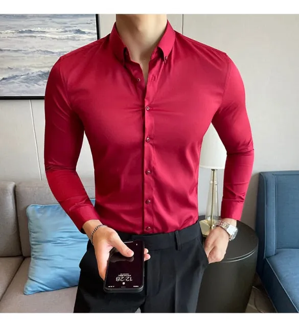 British Style Solid Long Sleeve Slim Shirt