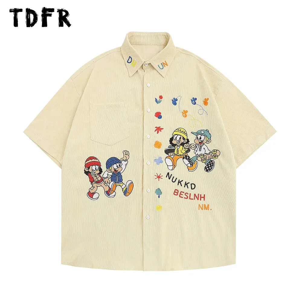 Cartoon Embroidery Cargo Shirts - Retro Casual Streetwear with Lapel and Short Sleeves