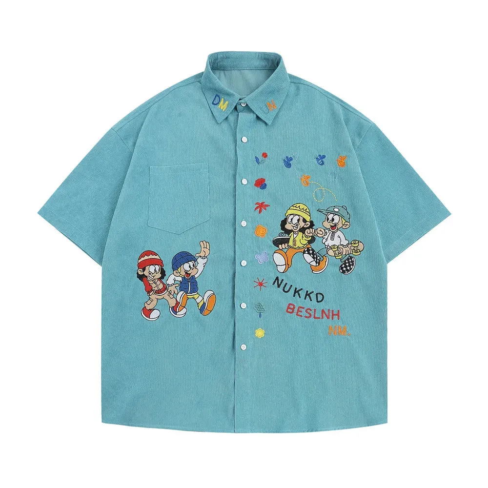 Cartoon Embroidery Cargo Shirts - Retro Casual Streetwear with Lapel and Short Sleeves