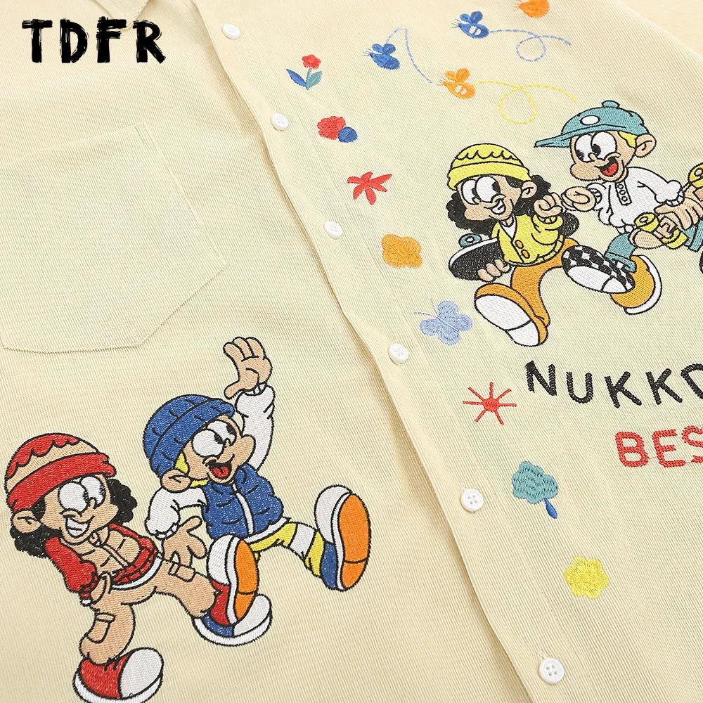 Cartoon Embroidery Cargo Shirts - Retro Casual Streetwear with Lapel and Short Sleeves