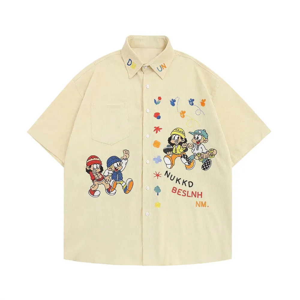 Cartoon Embroidery Cargo Shirts - Retro Casual Streetwear with Lapel and Short Sleeves