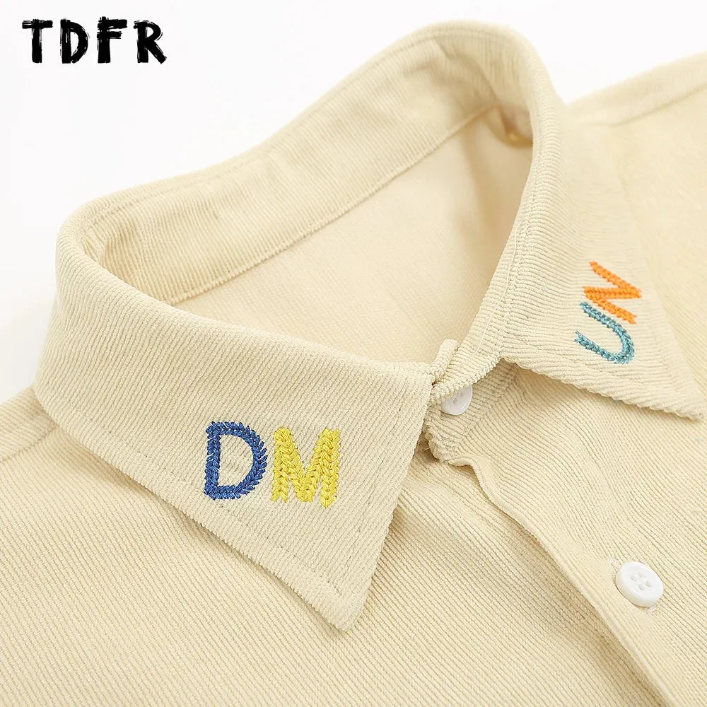 Cartoon Embroidery Cargo Shirts - Retro Casual Streetwear with Lapel and Short Sleeves