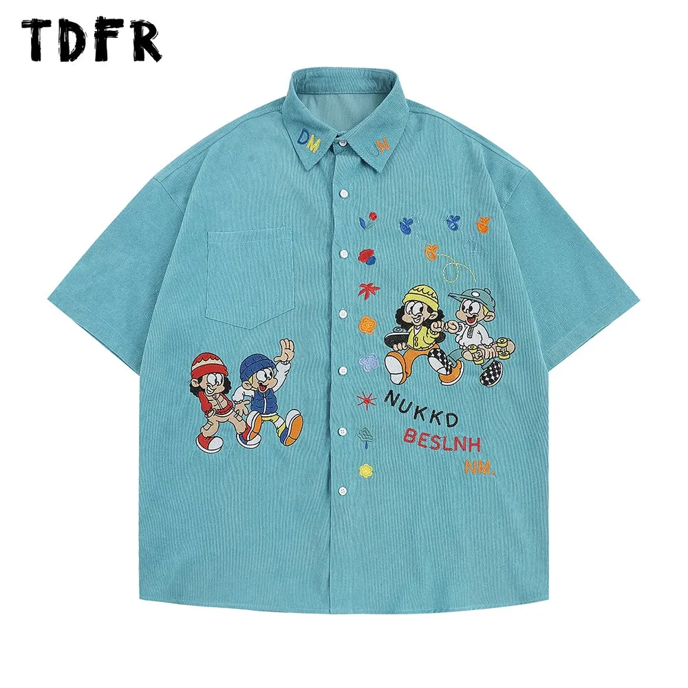 Cartoon Embroidery Cargo Shirts - Retro Casual Streetwear with Lapel and Short Sleeves