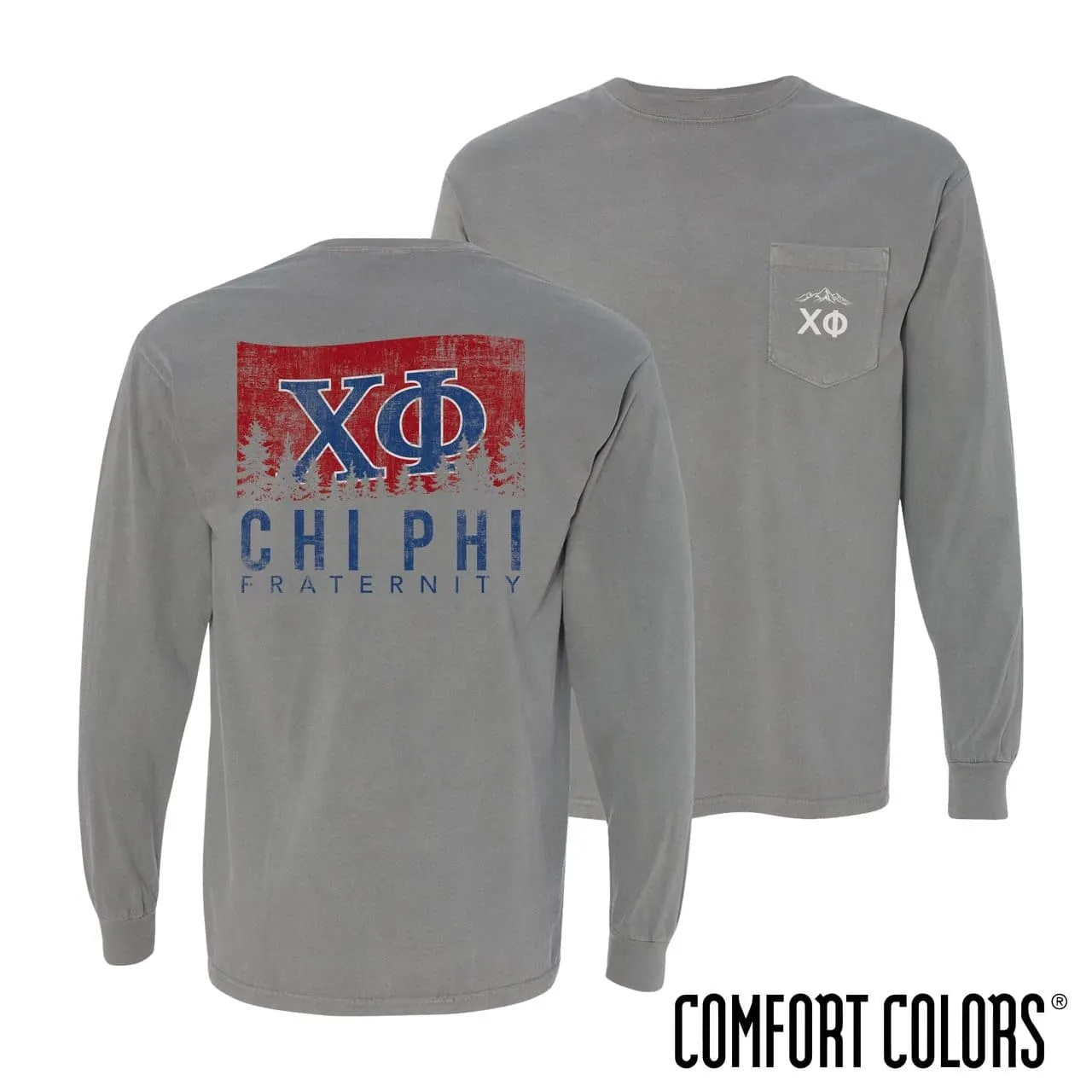 Chi Phi Gray Comfort Colors Flag Long Sleeve Pocket Tee