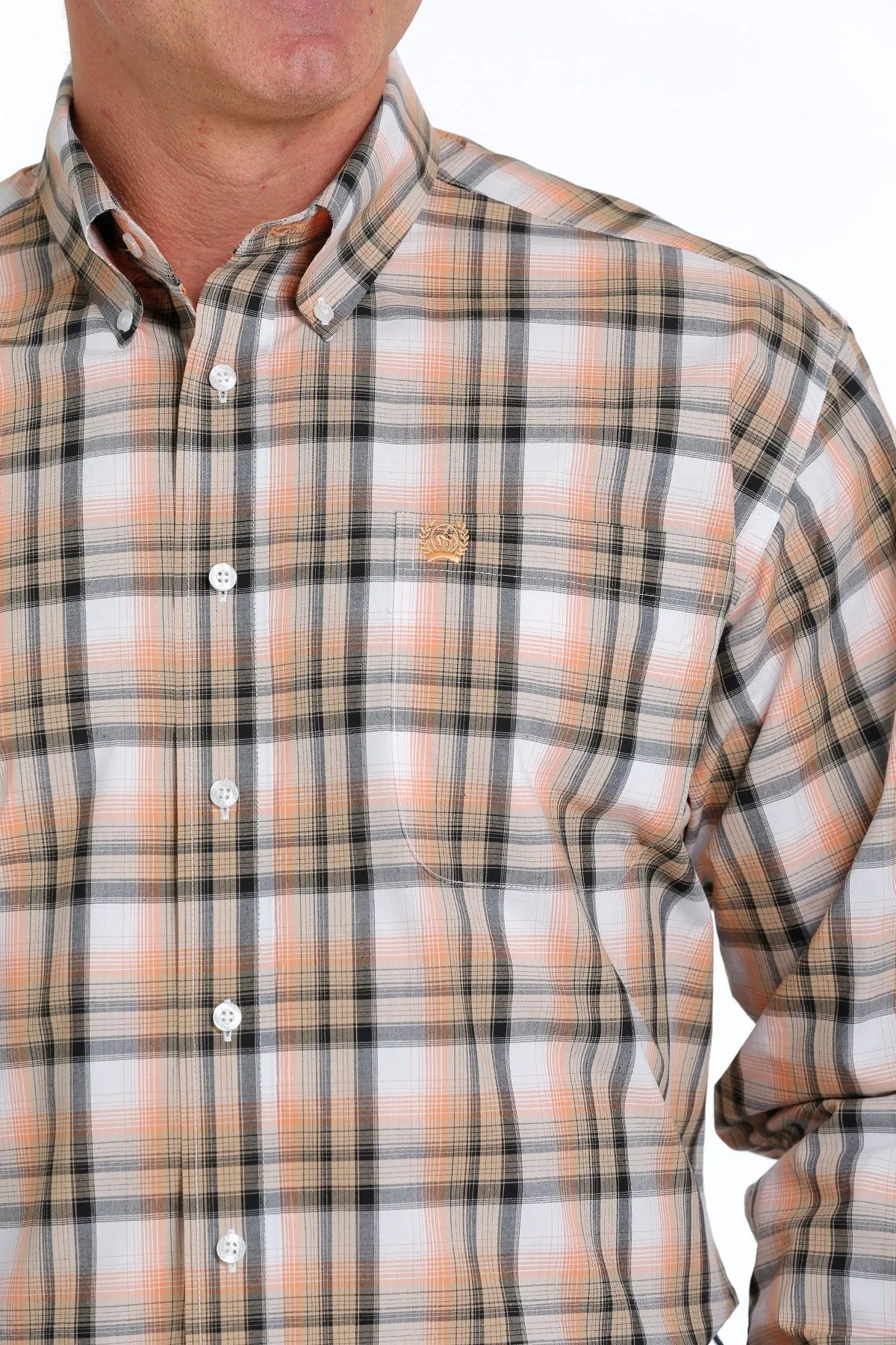 Cinch Mens Plaid Buttoned Down Western L/S Shirt - White/Orange/Khaki - MTW1105533