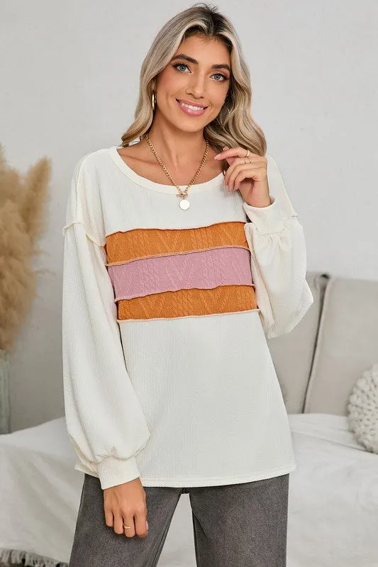 Corded Exposed Seam Patchwork Drop Sleeve Top