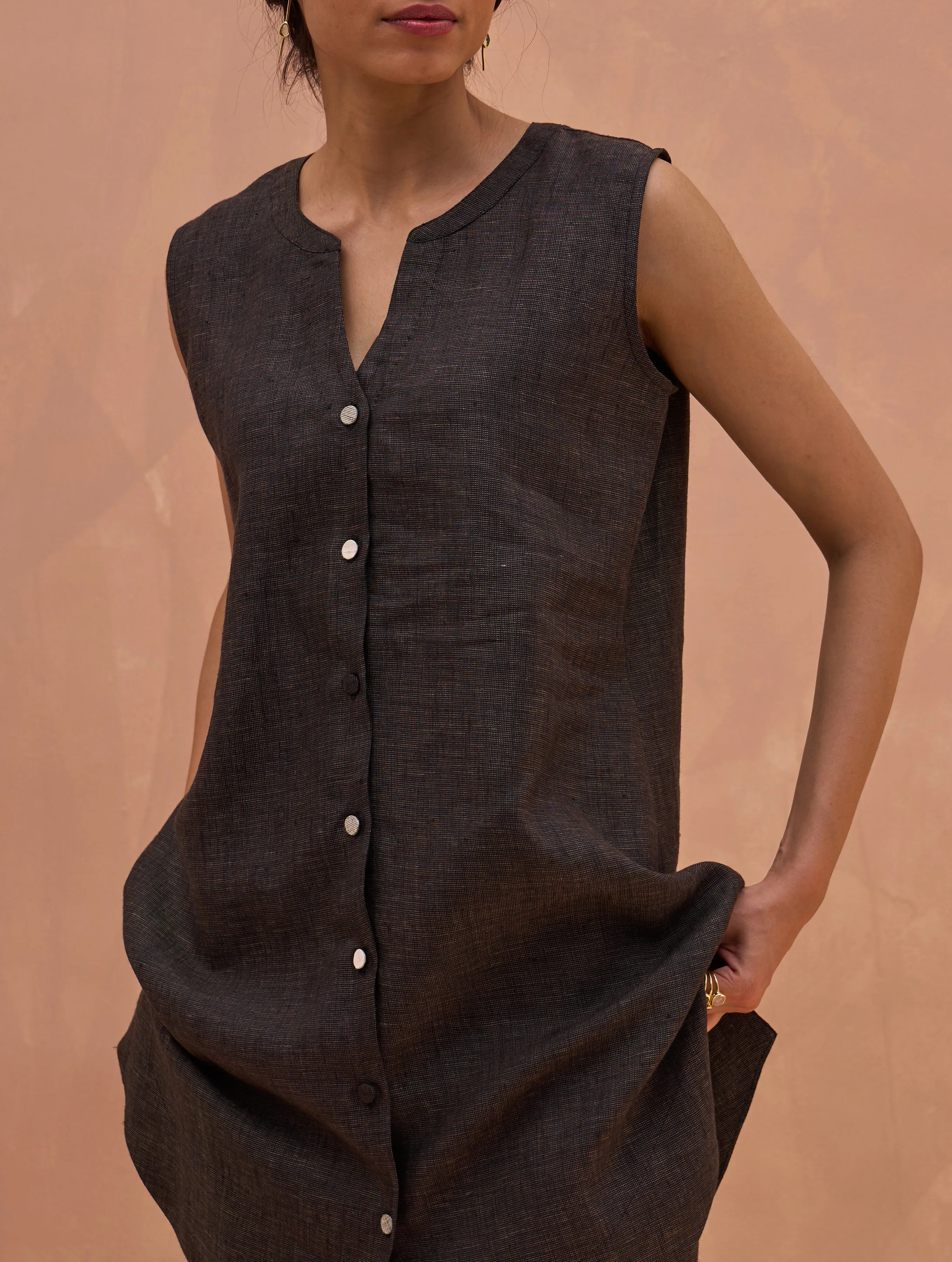 Dia Linen Sleeveless Top - Charcoal