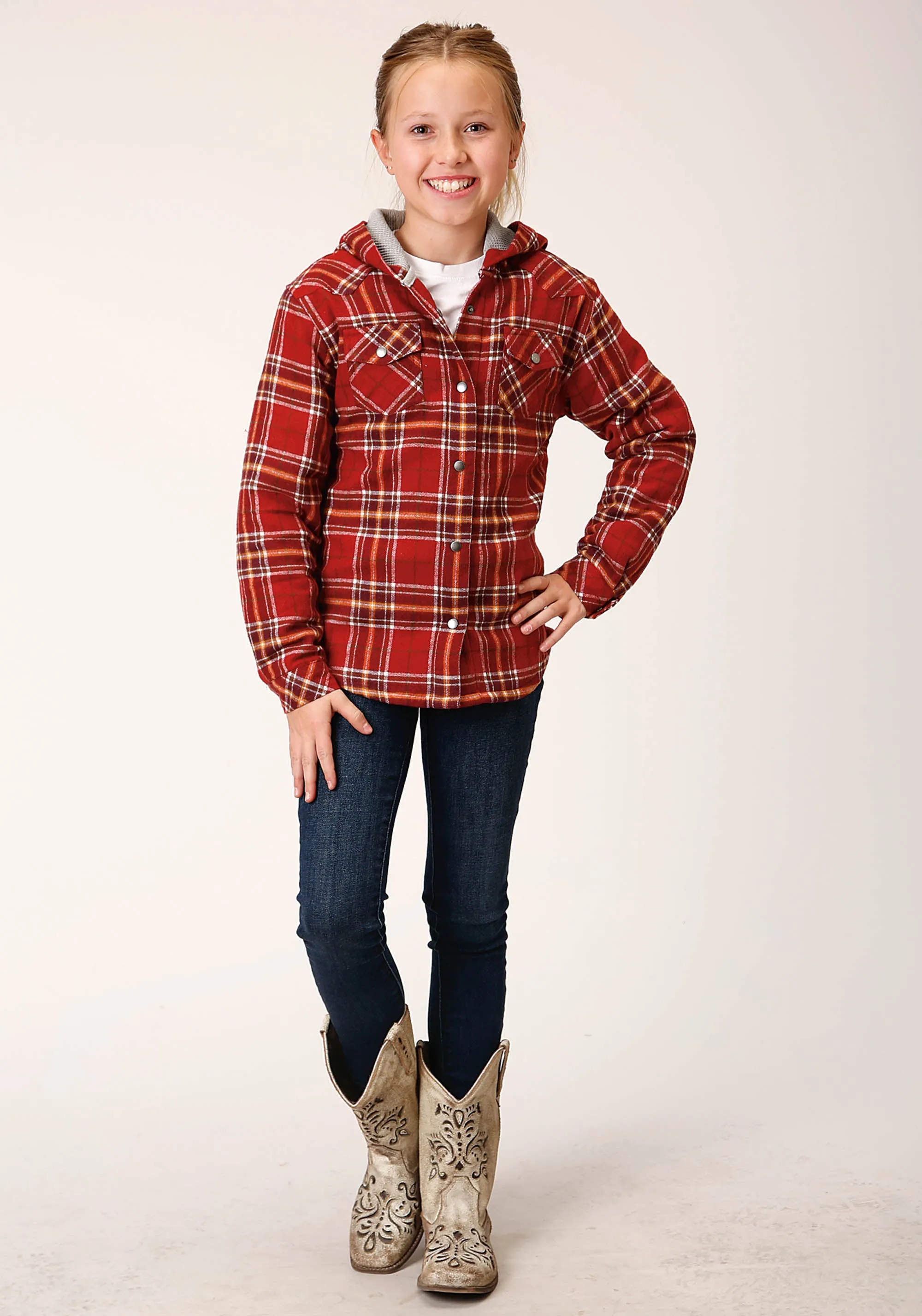 GIRLS LONG SLEEVE SNAP THERMAL LINED FLANNEL SHIRT JACKET