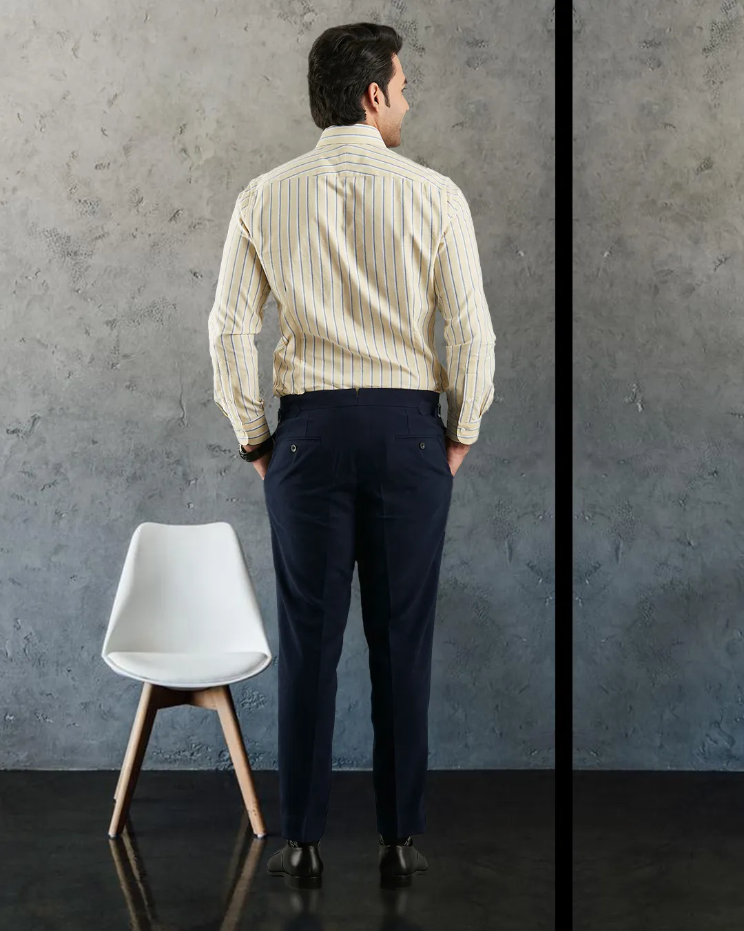 Indigo White Stripes On Pale Yellow Oxford Shirt