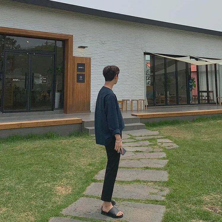 [Korean Style] Dark Blue Casual Collarless Shirts