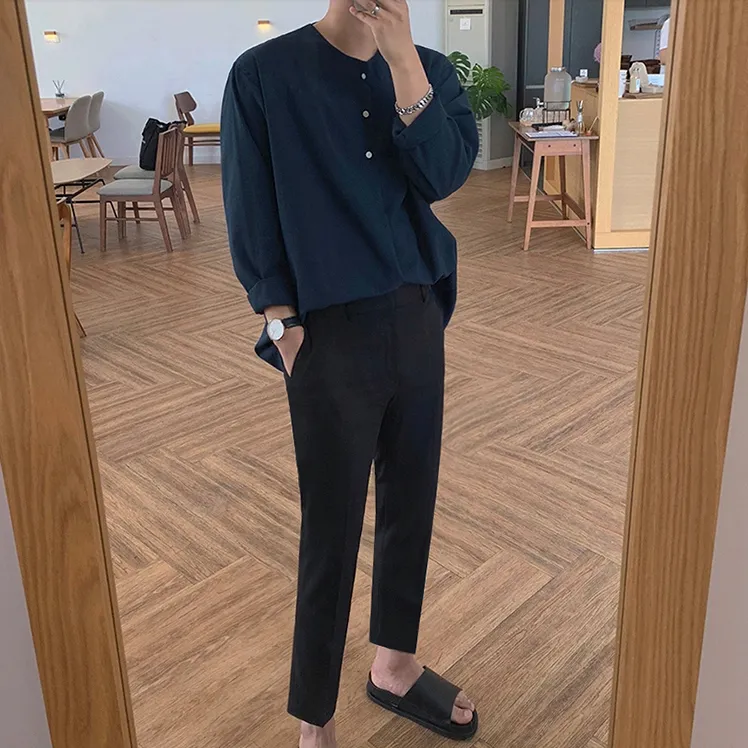 [Korean Style] Dark Blue Casual Collarless Shirts