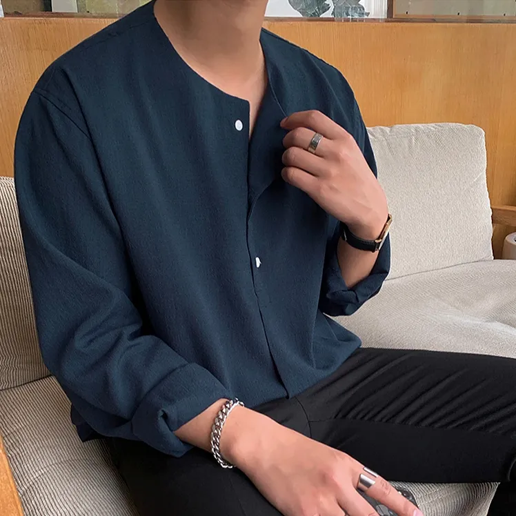 [Korean Style] Dark Blue Casual Collarless Shirts