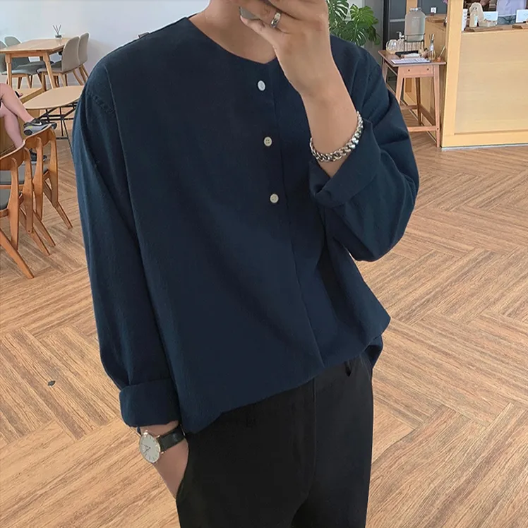 [Korean Style] Dark Blue Casual Collarless Shirts