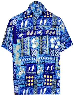 LA LEELA Shirt Casual Button Down Short Sleeve Beach Shirt Men Aloha Pocket Blue_W226