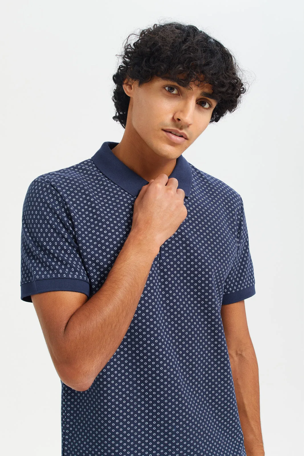 Men Navy Printed Polo T-Shirt