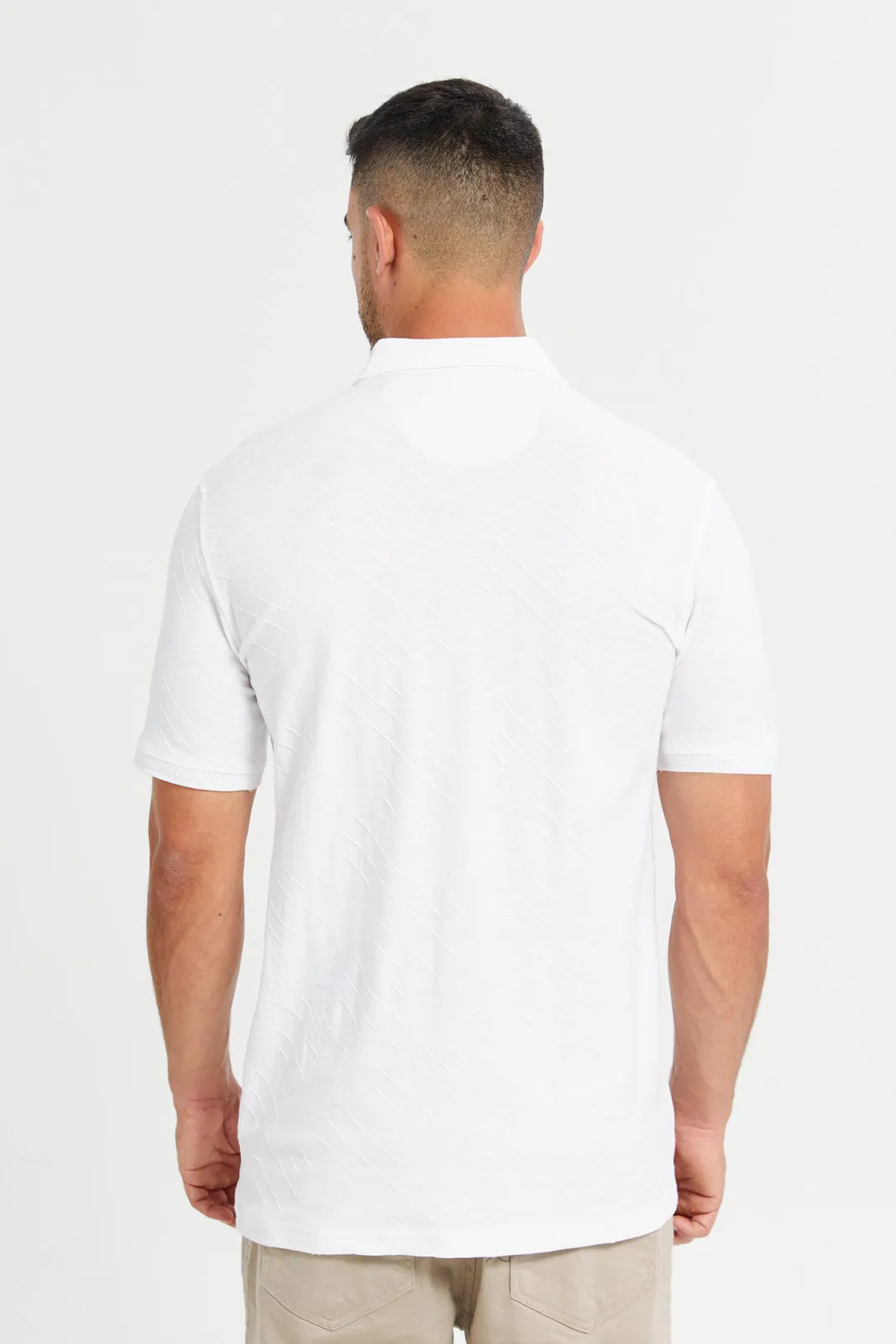 Men White Jacquard Polo T-Shirt