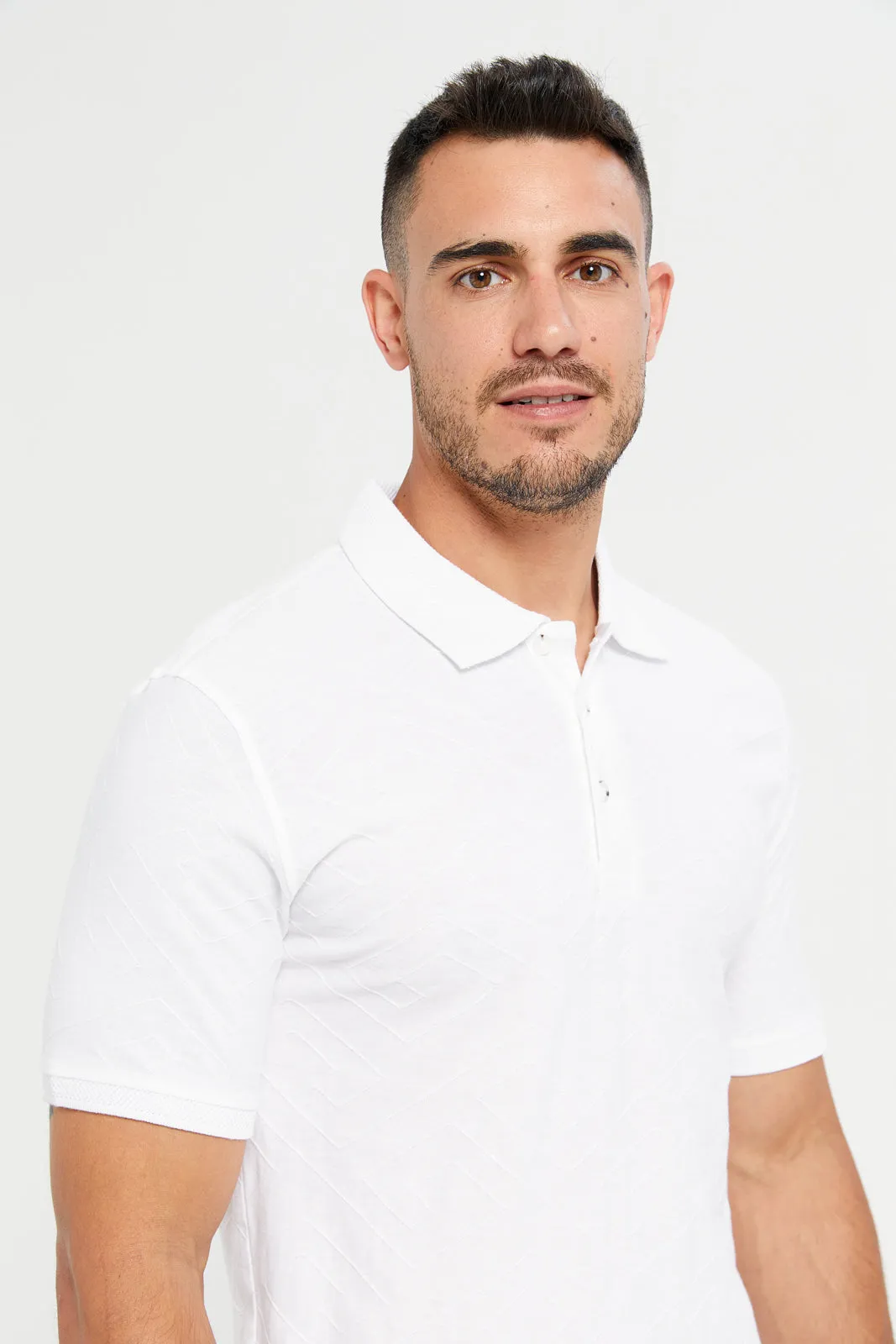 Men White Jacquard Polo T-Shirt