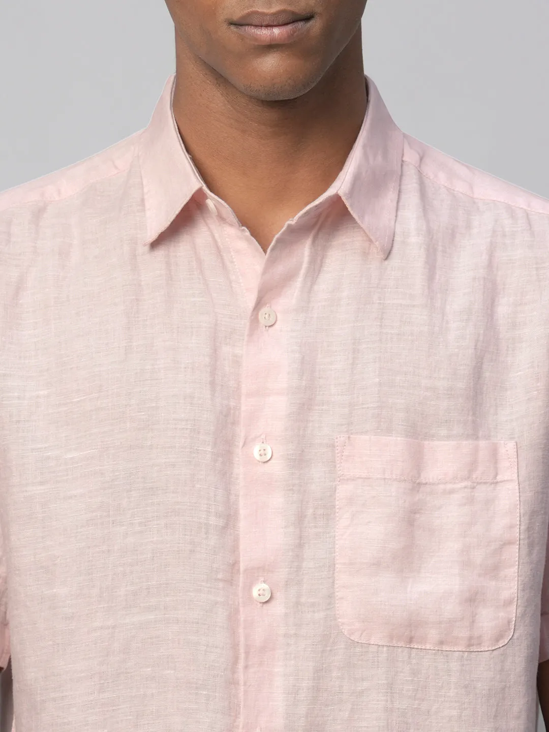 Men's 100% Linen Pink Regular Fit Short Sleeved Shirt