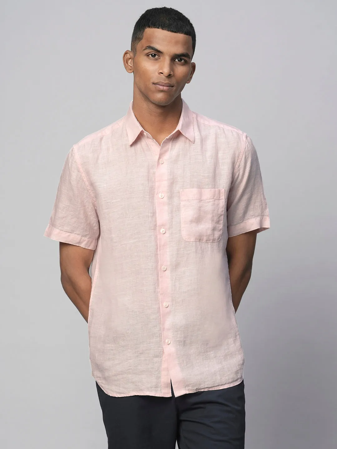 Men's 100% Linen Pink Regular Fit Short Sleeved Shirt