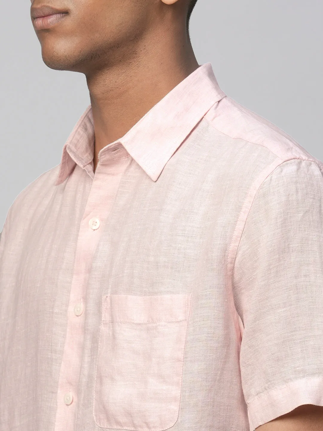 Men's 100% Linen Pink Regular Fit Short Sleeved Shirt