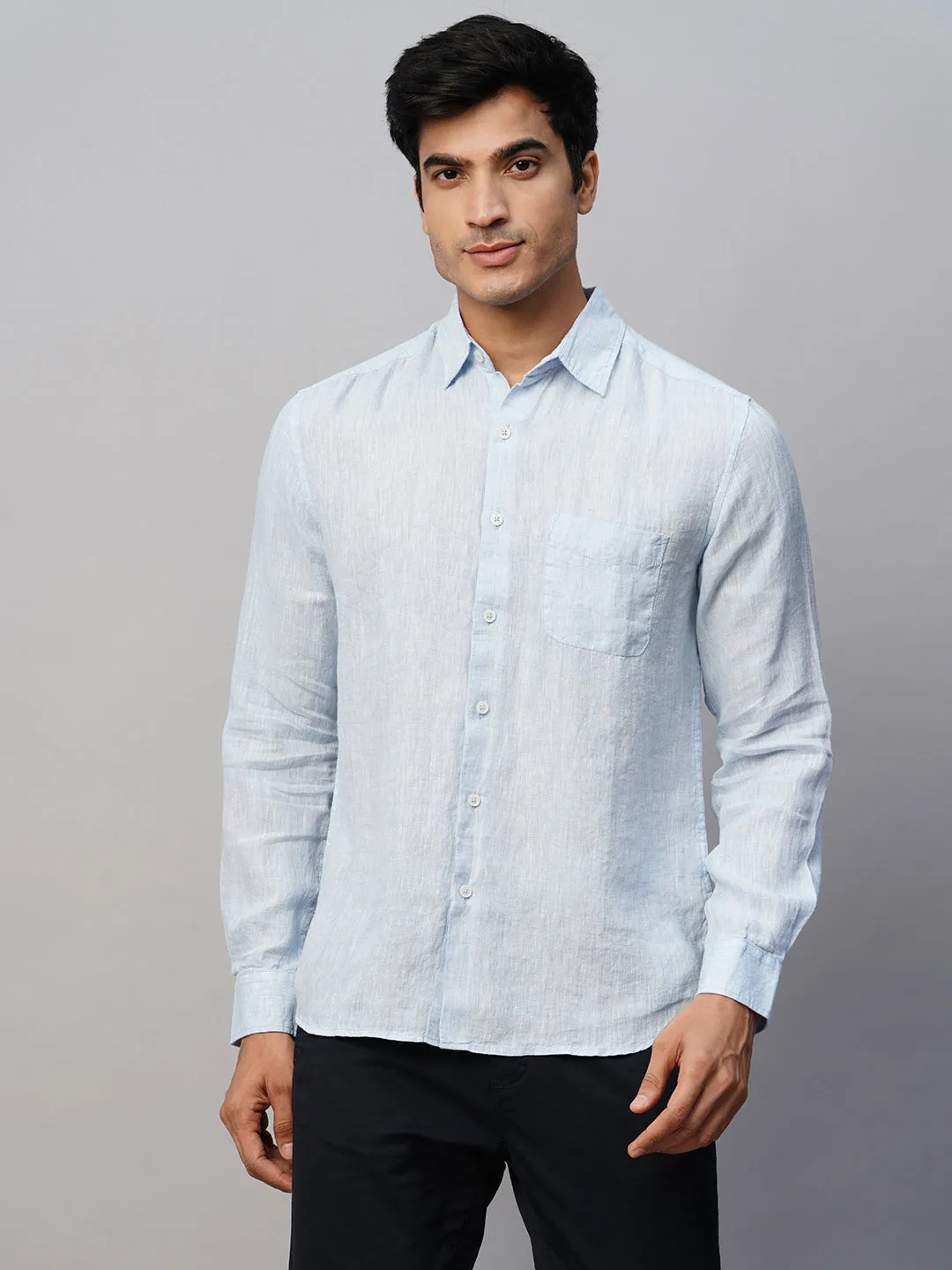 Men's 100% Linen Sky Blue Regular Fit Long Sleeved Shirt