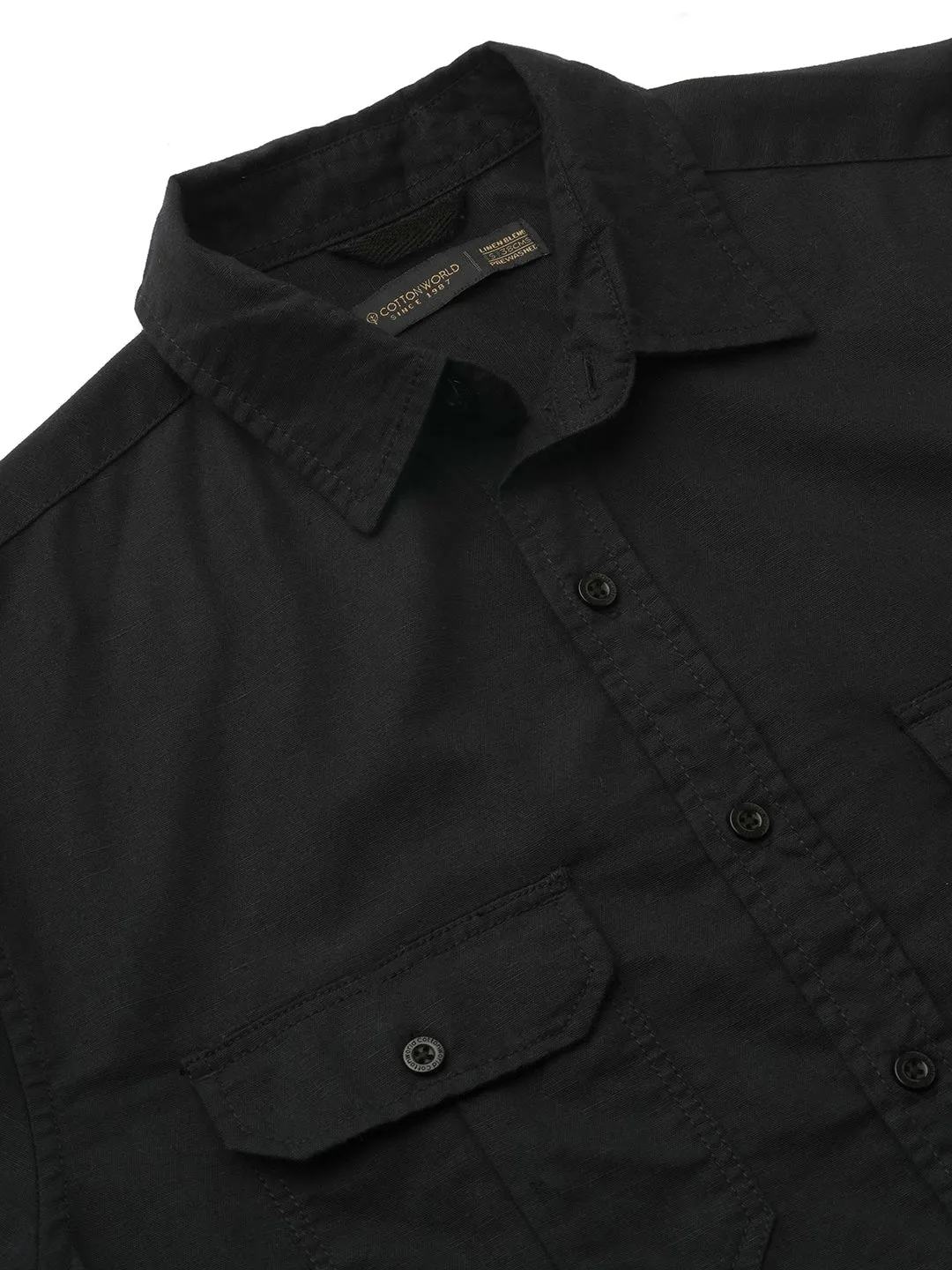 Men's Black Cotton Linen Regular Fit Shirt