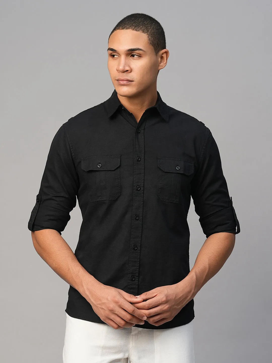 Men's Black Cotton Linen Regular Fit Shirt