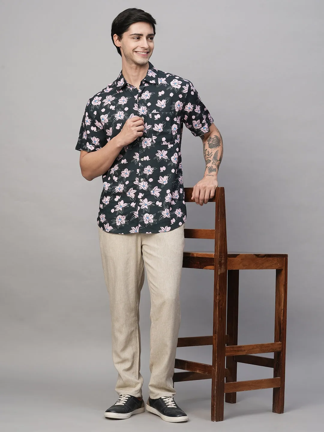 Men's Linen Blend Regular Fit Short Sleeve Printed Shirt