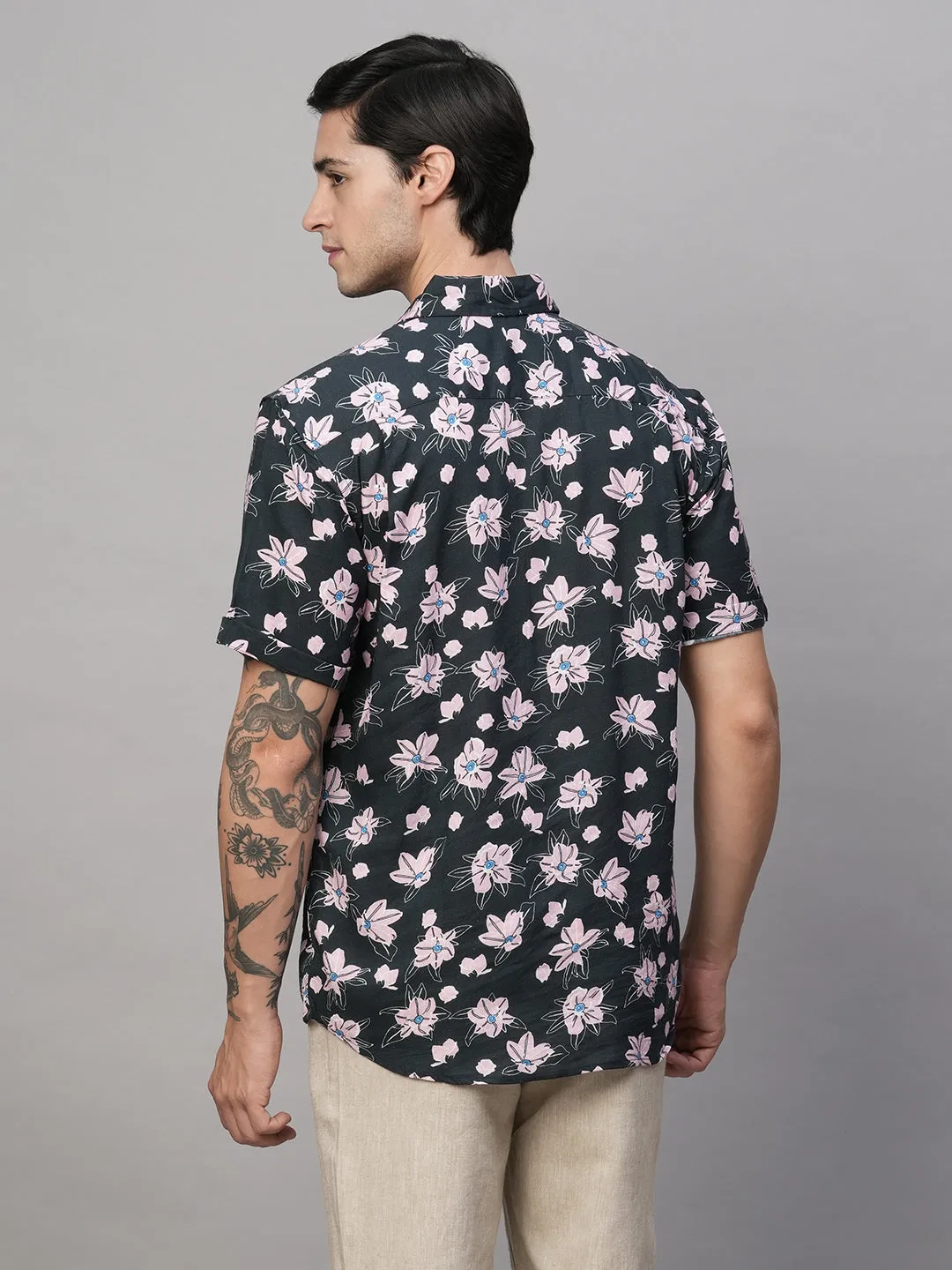 Men's Linen Blend Regular Fit Short Sleeve Printed Shirt