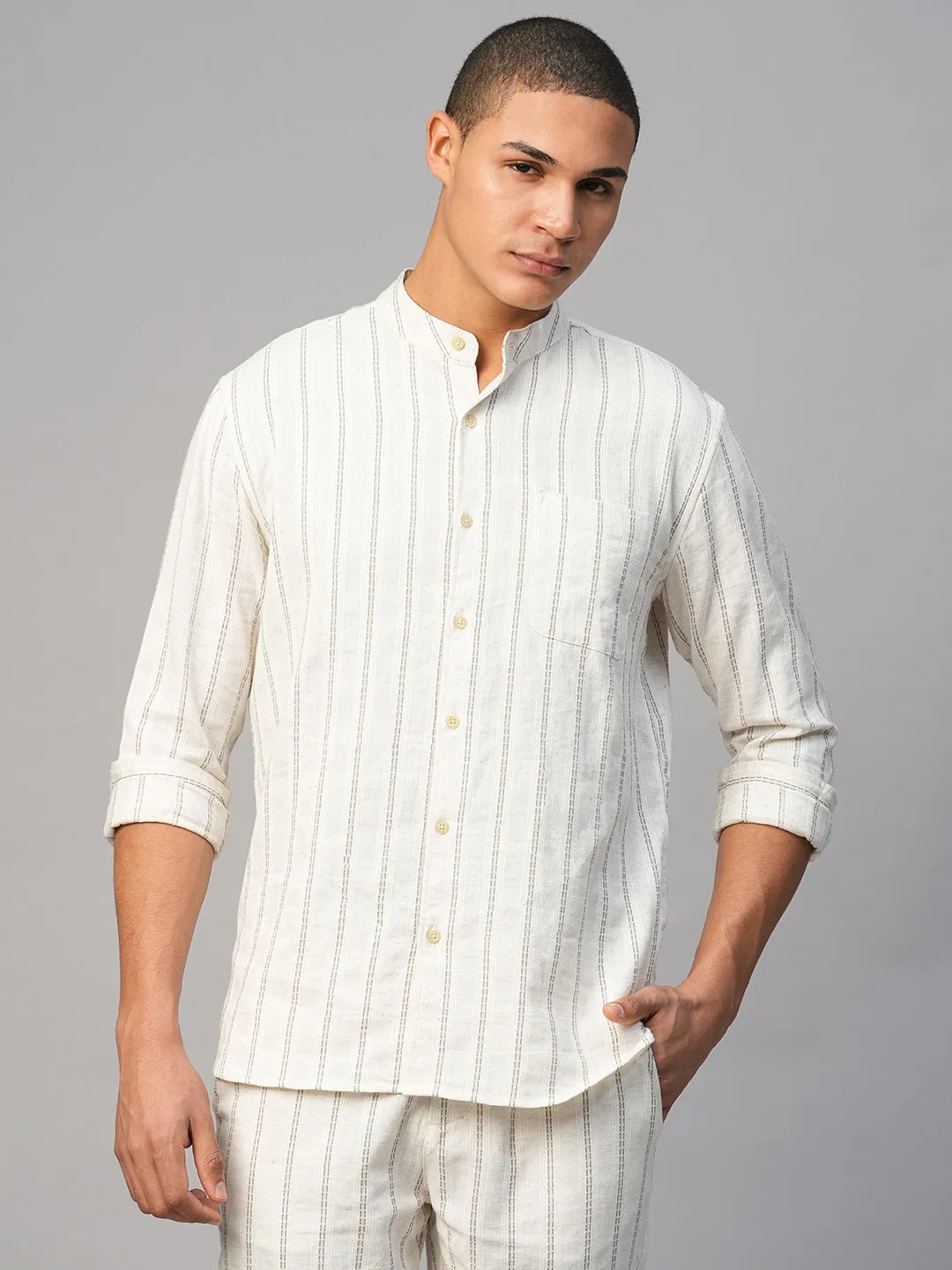 Men's Natural Cotton Linen Regular Fit Striped Shirt