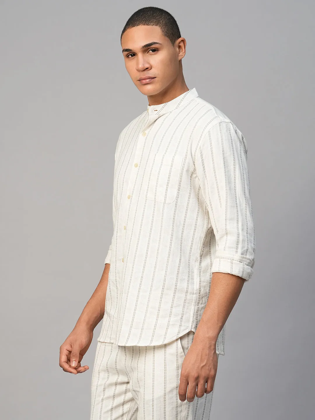 Men's Natural Cotton Linen Regular Fit Striped Shirt