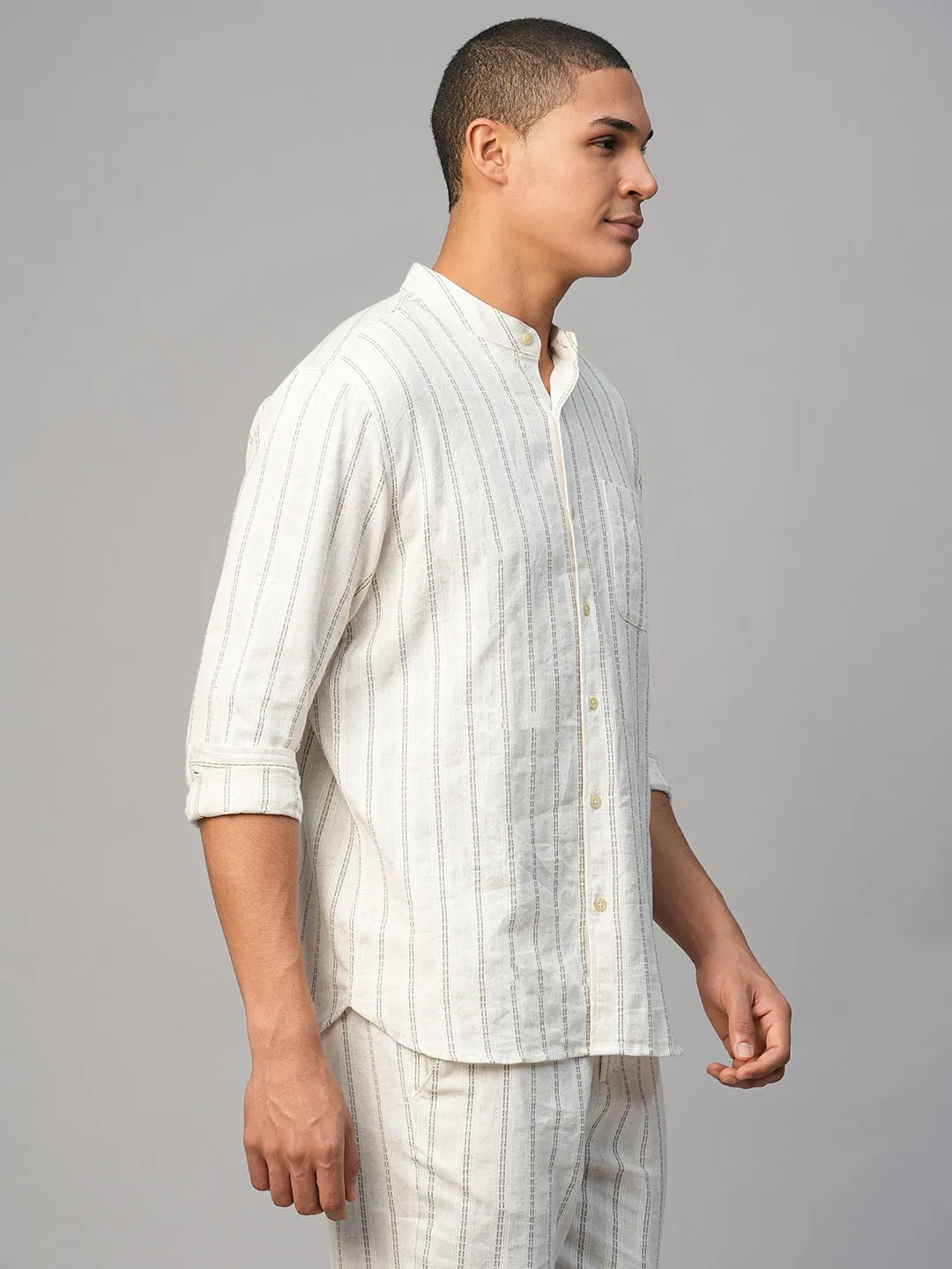 Men's Natural Cotton Linen Regular Fit Striped Shirt