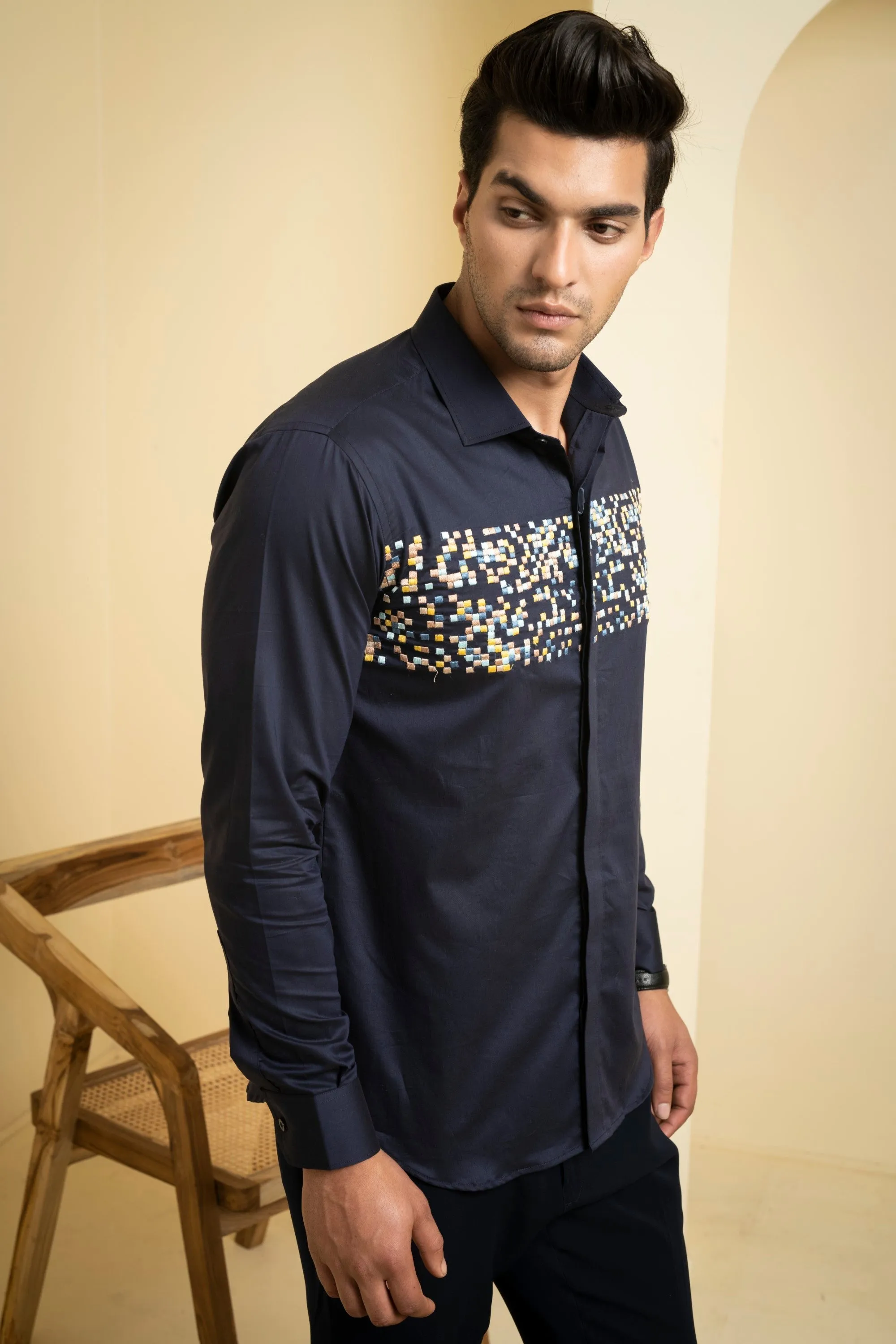 Men's Navy Blue Color Mont Full Sleeves Shirt - Hilo Design