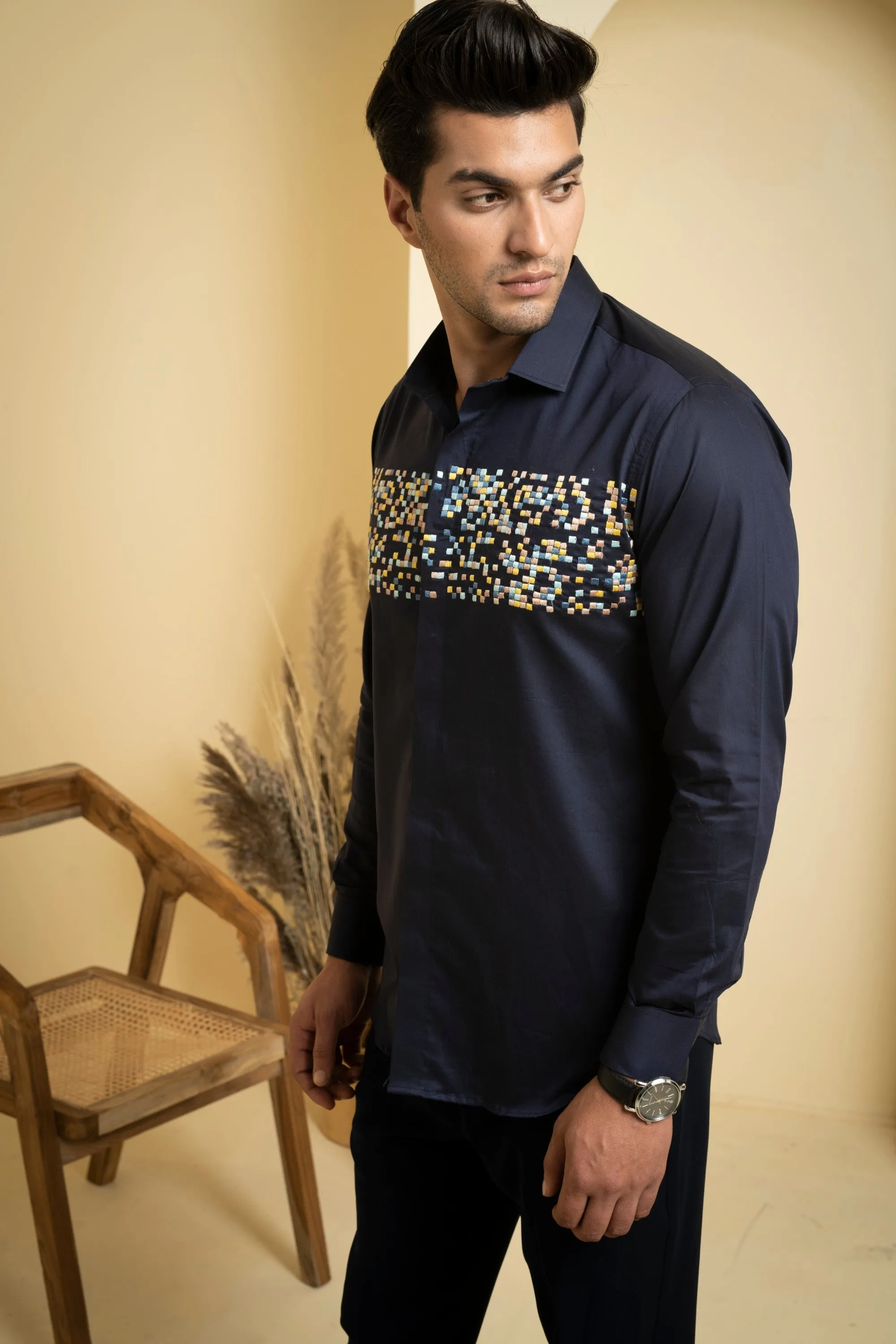 Men's Navy Blue Color Mont Full Sleeves Shirt - Hilo Design