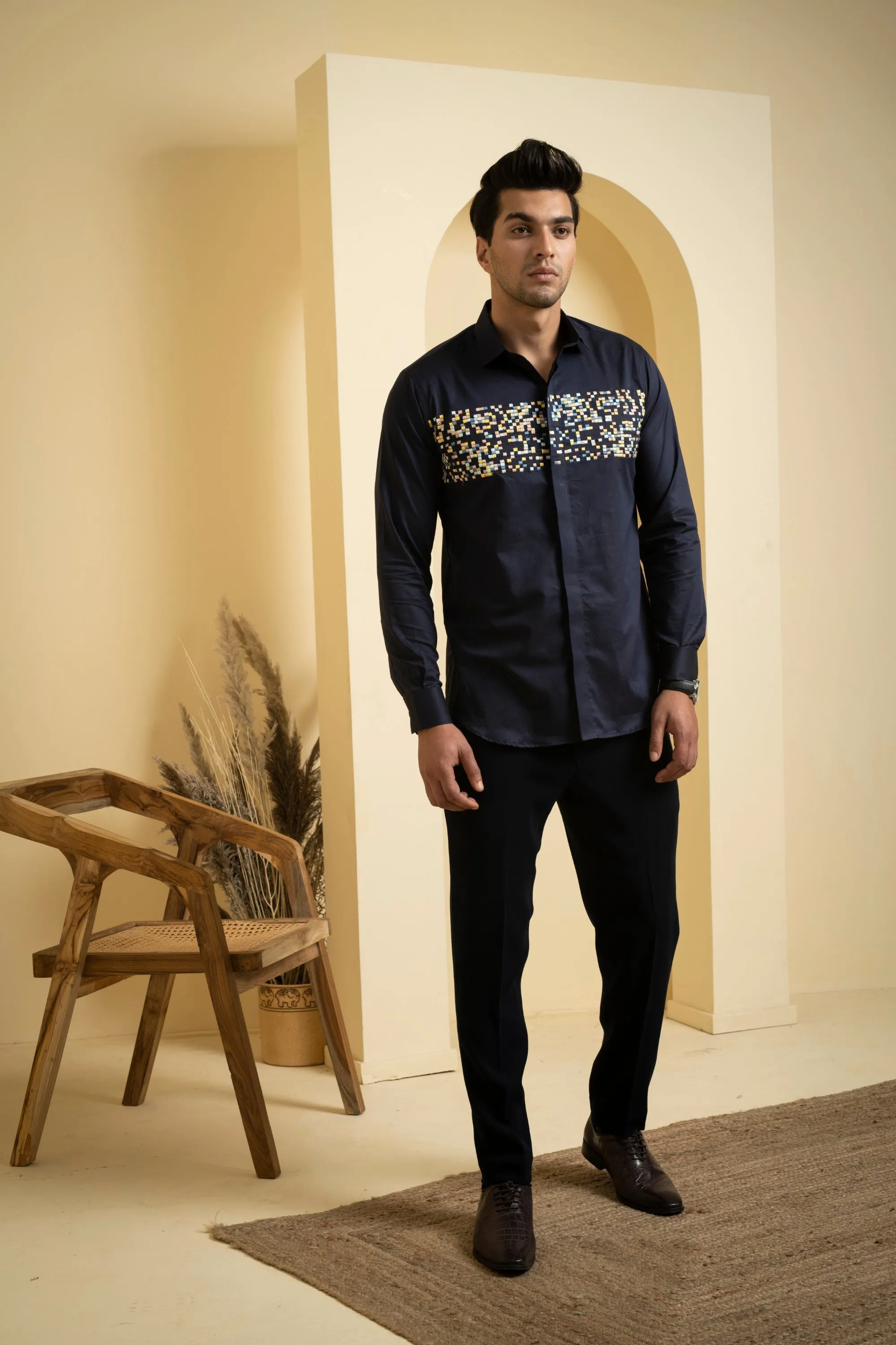 Men's Navy Blue Color Mont Full Sleeves Shirt - Hilo Design