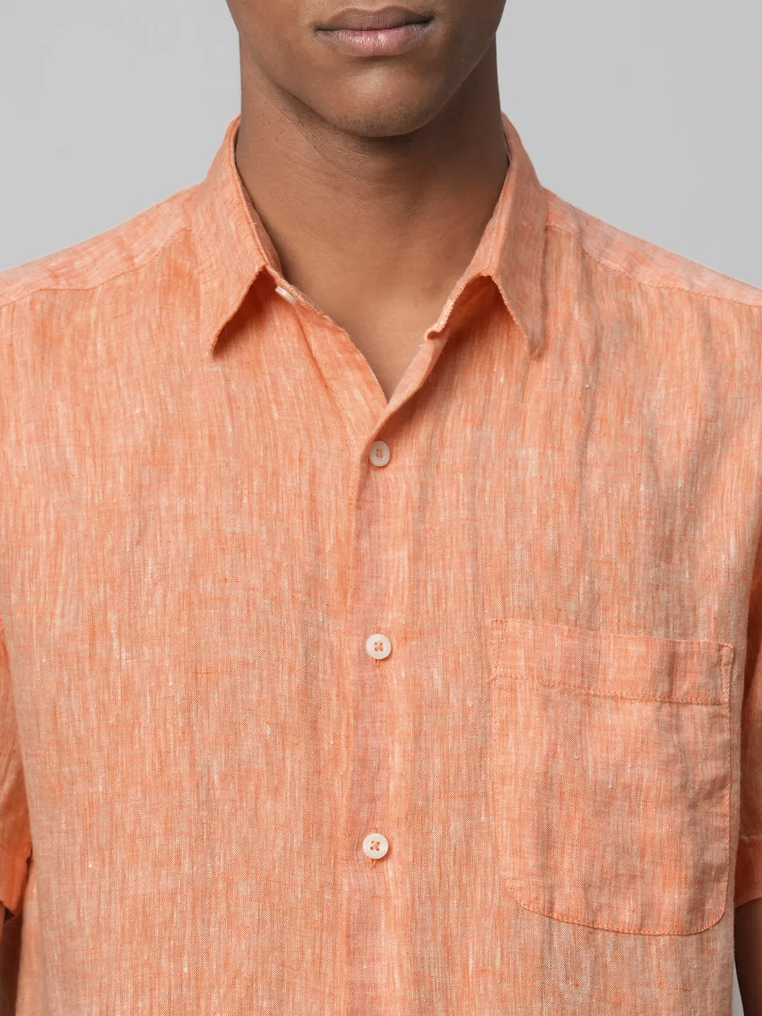 Men's Orange 100% Linen Regular Fit Short Sleeved Shirt