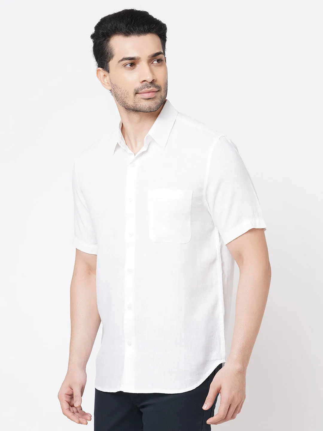 Men's White 100% Linen Regular Fit Short Sleeved Shirt